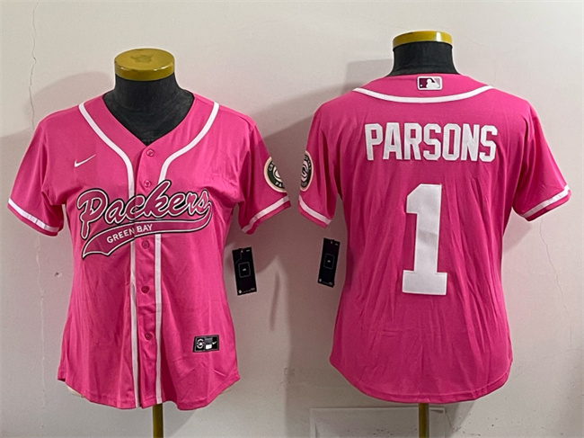 Youth Pink Green Bay Packers #1 Micah Parsons With Patch Cool Base Stitched Baseball Jersey